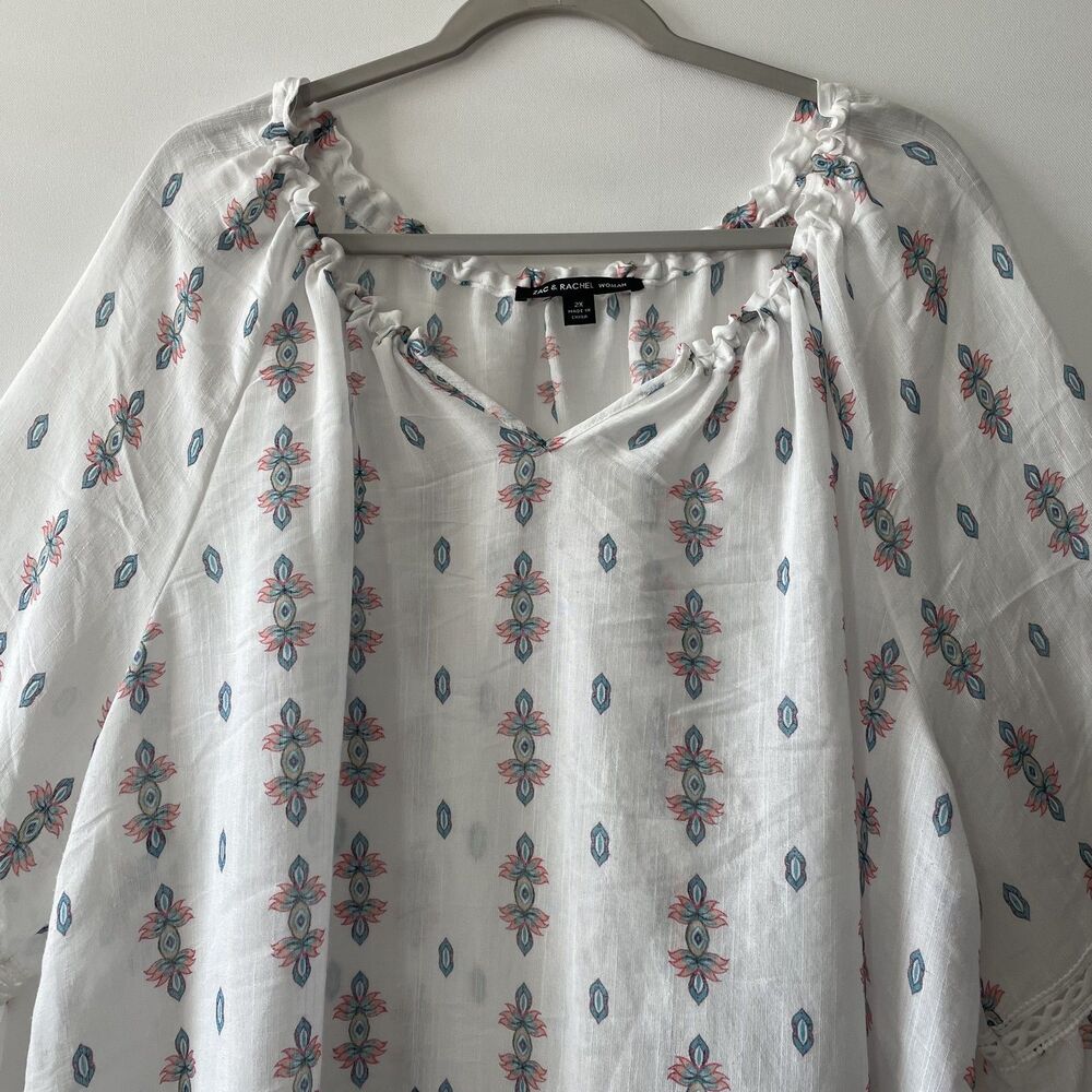 Zac & Rachel Woman Peasant Blouse Bell Sleeve Paisley White Size 2X - Picture 3 of 8